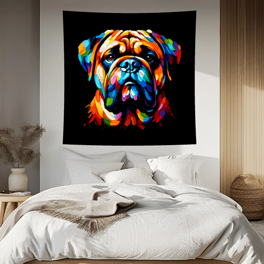 A vibrant 150cm x 150cm large art blanket featuring a colourful portrait of an Bullmastiff dog. The design showcases the playful and lively nature of the breed, with an array of bright and bold colours bringing the artwork to life. Perfect for filling large walls, Bed spread or throw. adding a touch of warmth to any room.