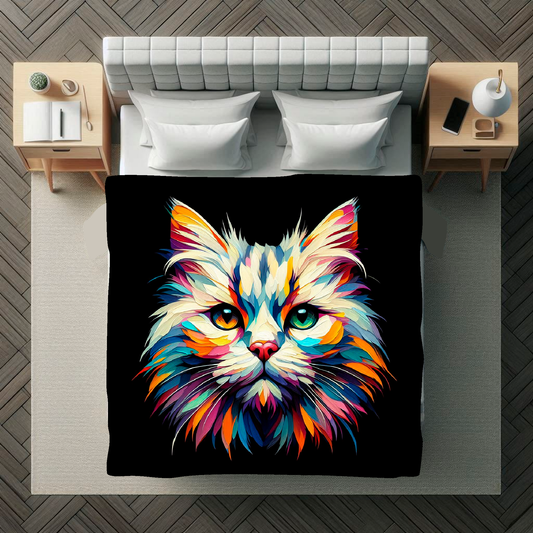 A vibrant 150cm x 150cm large art blanket featuring a colourful portrait of a Burmilla cat. The design captures the cat's distinctive Markings and playful expression, brought to life with a palette of bright and bold colours. Perfect for adding a touch of feline charm and warmth to any space.