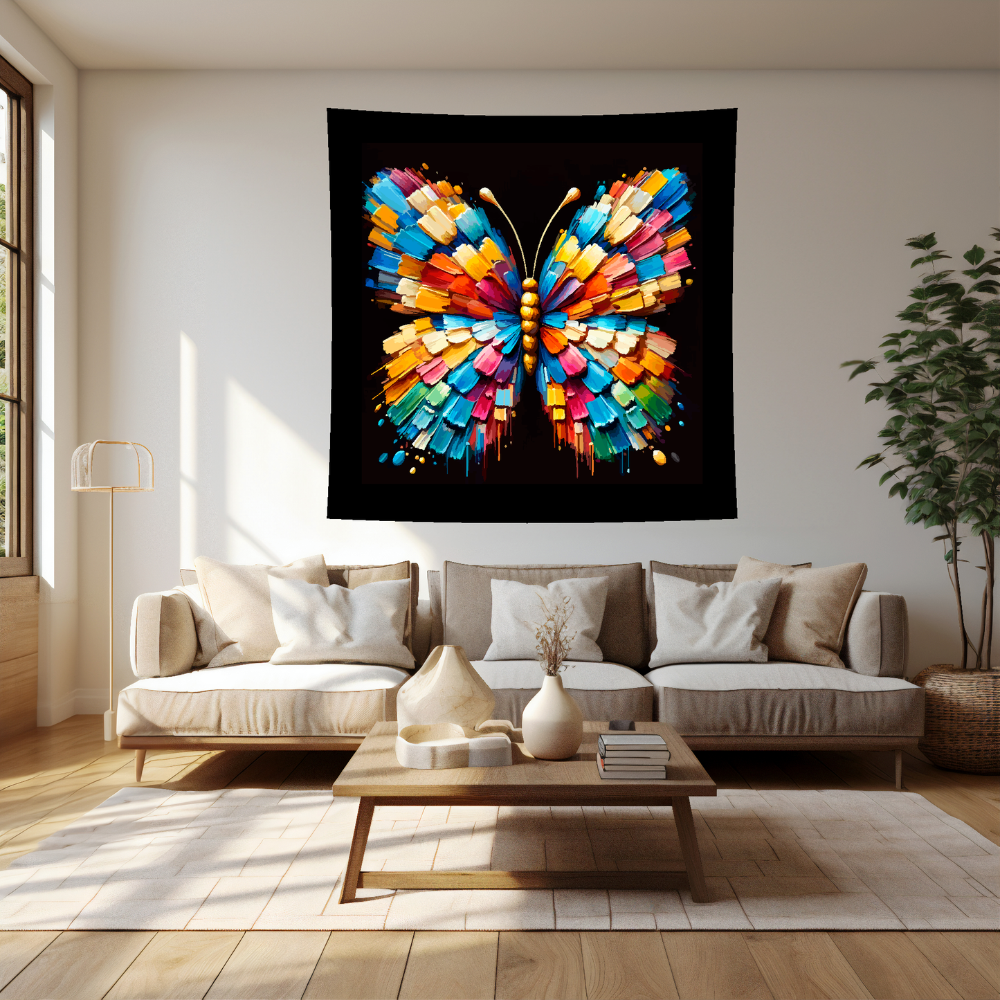 Large art blanket featuring a detailed and colourful portrait of a Butterfly. Measuring 1.5 metres by 1.5 metres, this blanket is perfect for adding a touch of natural wildlife beauty to any big wall space.