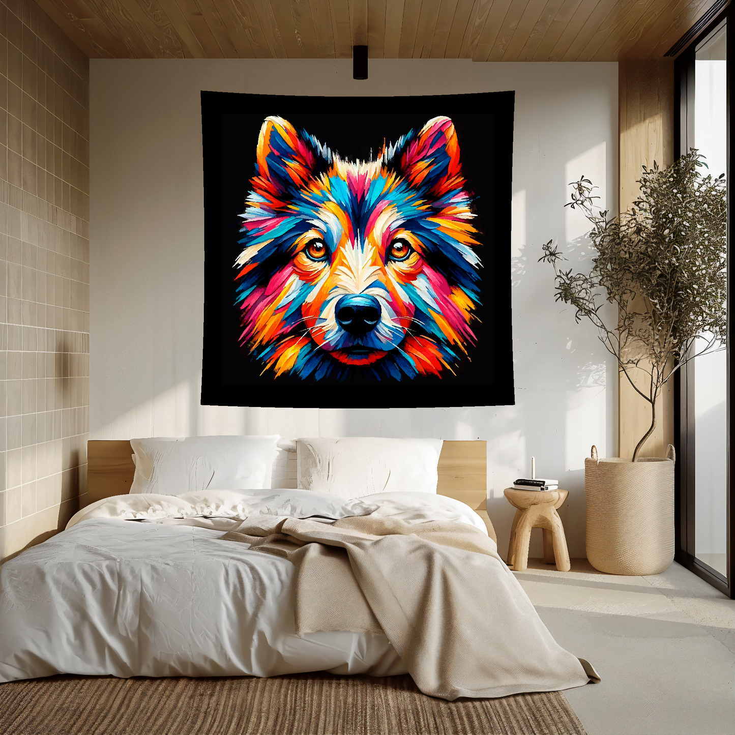 A vibrant 150cm x 150cm large art blanket featuring a colourful portrait of a Canaan dog. Perfect for filling large walls.