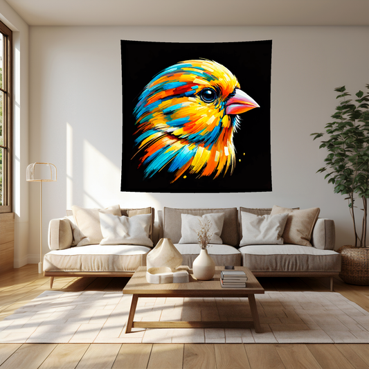 Large art blanket featuring a detailed and colourful portrait of a Canary. Measuring 1.5 metres by 1.5 metres, perfect for adding natural beauty and elegance to any big wall space.