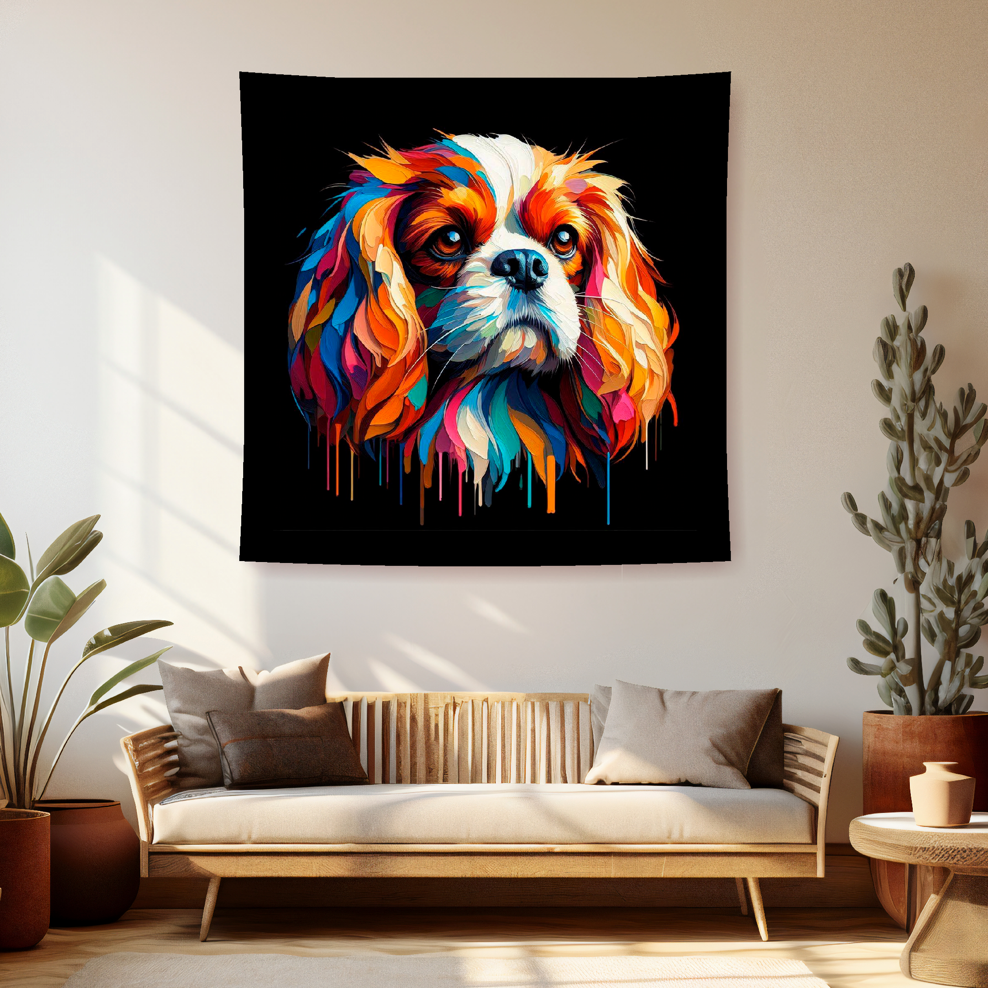 A vibrant 150cm x 150cm large art blanket featuring a colourful portrait of an Cavalier King Charles Spaniel dog. The design showcases the playful and lively nature of the breed, with an array of bright and bold colours bringing the artwork to life. Perfect for filling large walls, Bed spread or throw, adding a touch of warmth to any room.