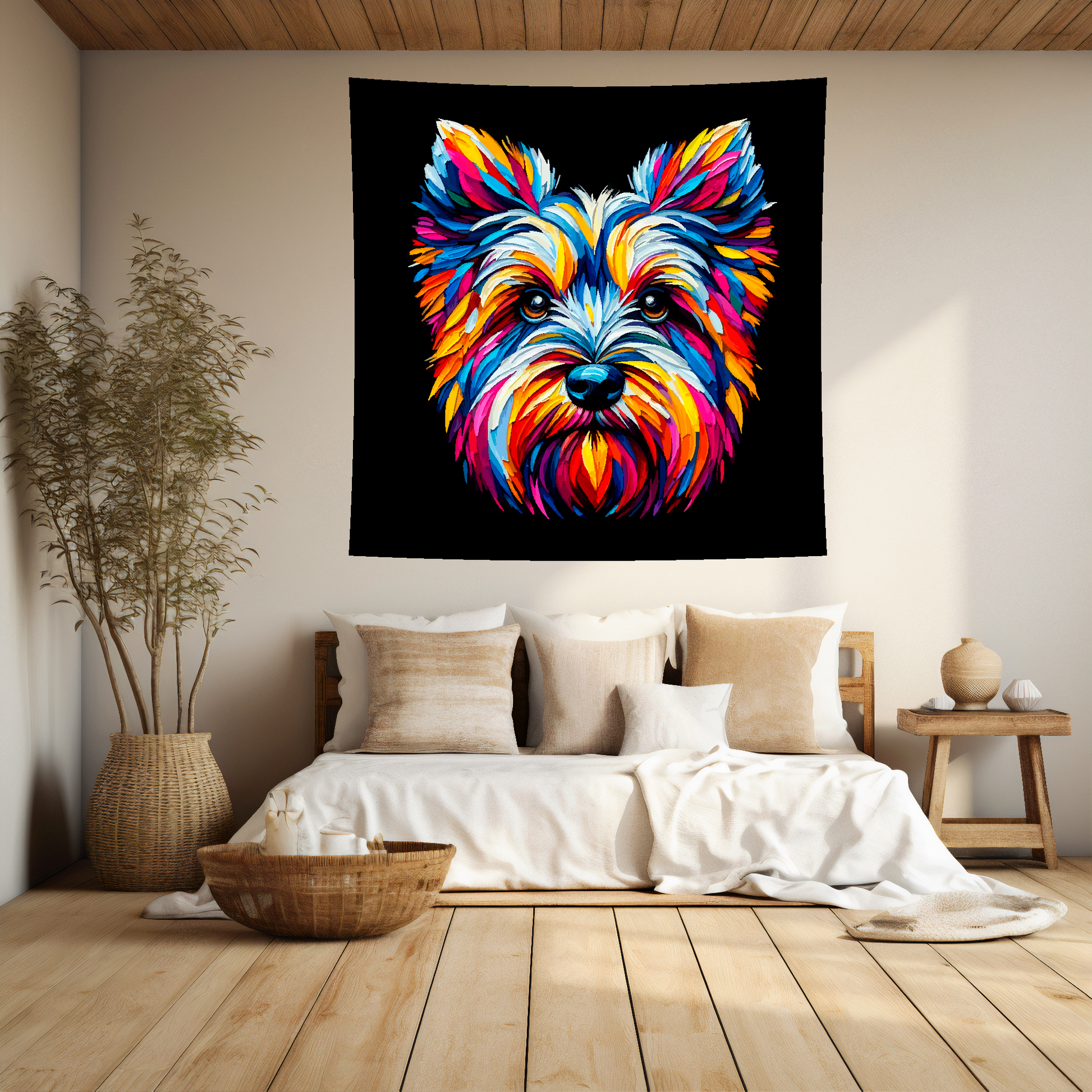 A vibrant 150cm x 150cm large art blanket featuring a colourful portrait of a Cesky Terrier dog. Perfect for filling large walls.