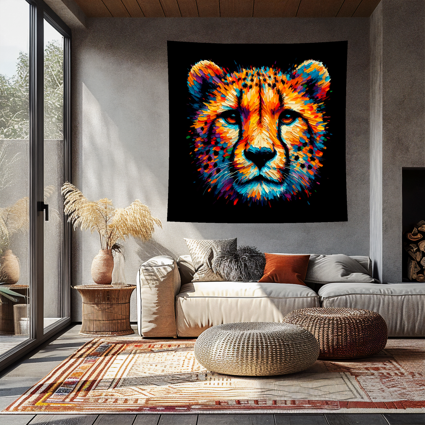 Large art blanket featuring a detailed and colourful portrait of a Cheetah. Measuring 1.5 metres by 1.5 metres, this blanket is perfect for adding a touch of natural wildlife beauty to any big wall space.