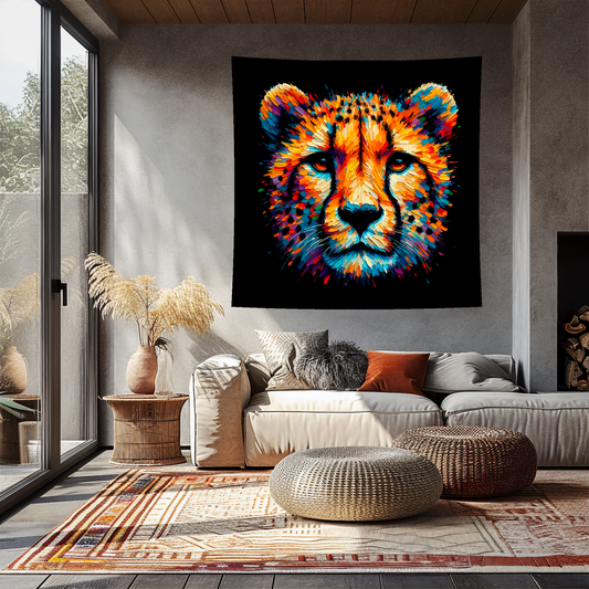 Large art blanket featuring a detailed and colourful portrait of a Cheetah. Measuring 1.5 metres by 1.5 metres, this blanket is perfect for adding a touch of natural wildlife beauty to any big wall space.