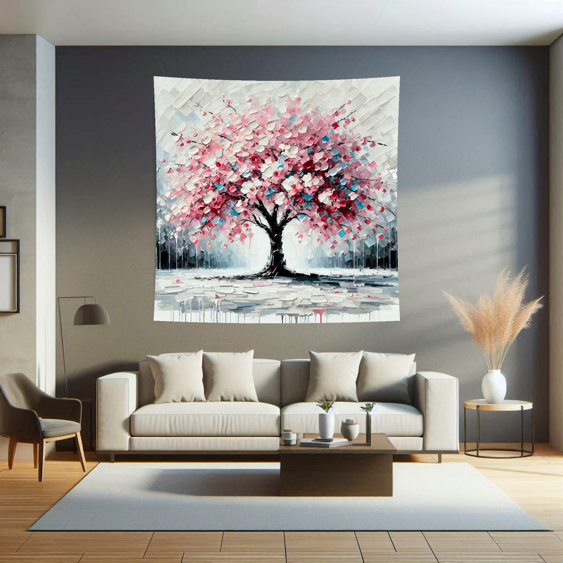 Large Art Blanket featuring a Cherry Blossom tree landscape. 1.5 metres by 1.5 metres, perfect for adding a touch of nature to your home.