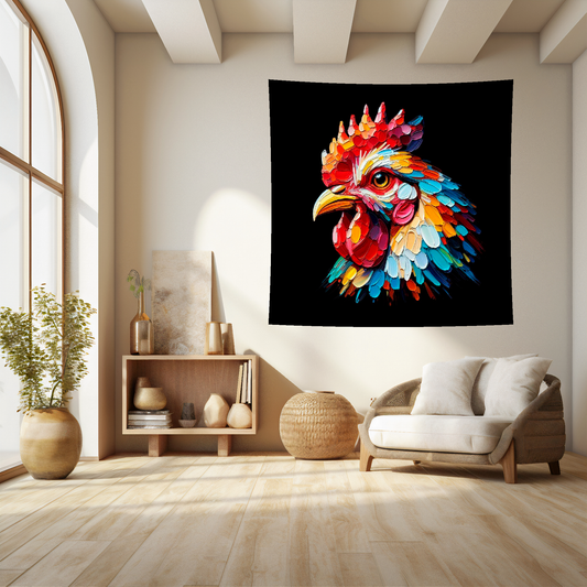 Large art blanket featuring a detailed and colourful portrait of a Chicken. Measuring 1.5 metres by 1.5 metres, this blanket is perfect for adding a touch of natural wildlife beauty to any big wall space.