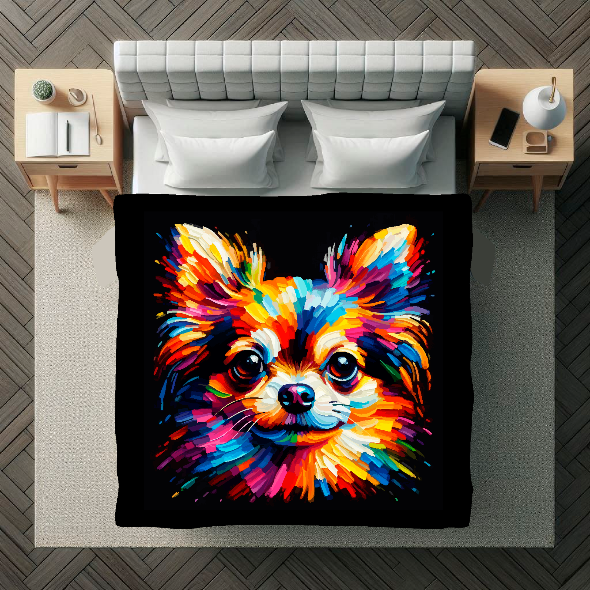 A vibrant 150cm x 150cm large art blanket featuring a colourful portrait of a Chihuahua dog. Perfect for filling large walls.