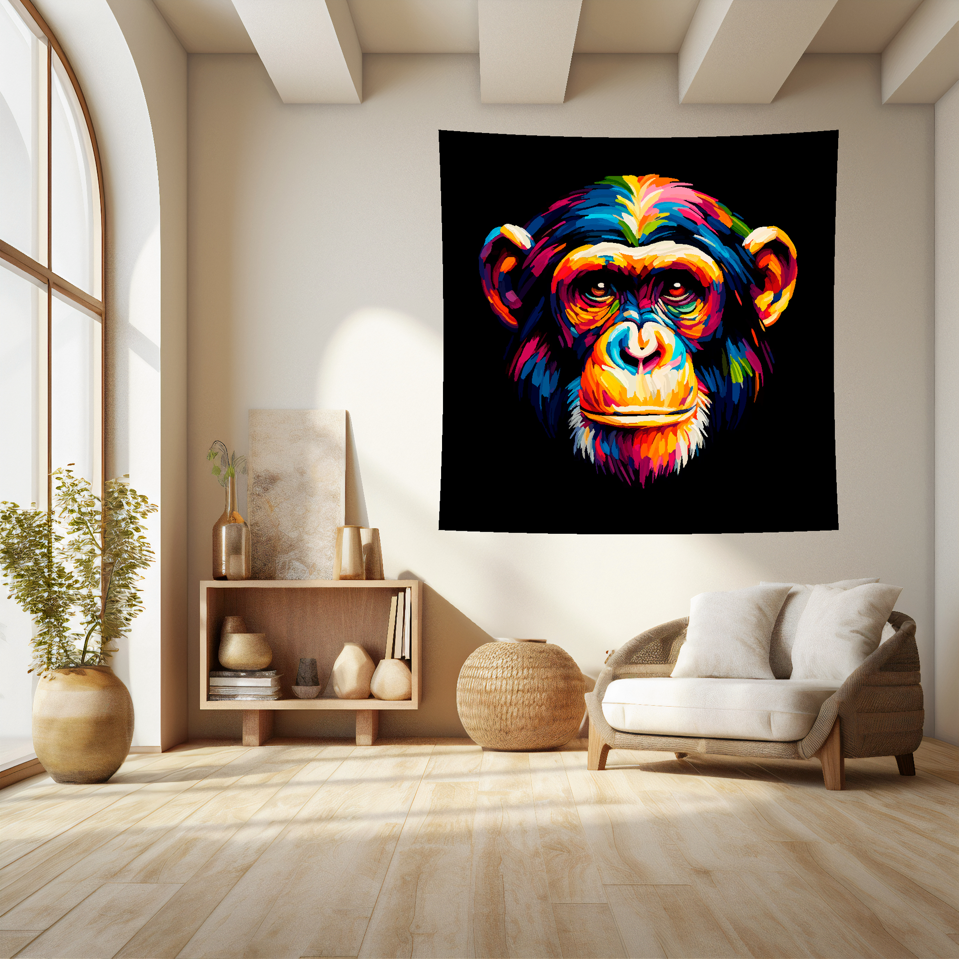 Large art blanket featuring a detailed and colourful portrait of a Chimpanzee. Measuring 1.5 metres by 1.5 metres, this blanket is perfect for adding a touch of natural wildlife beauty to any big wall space.