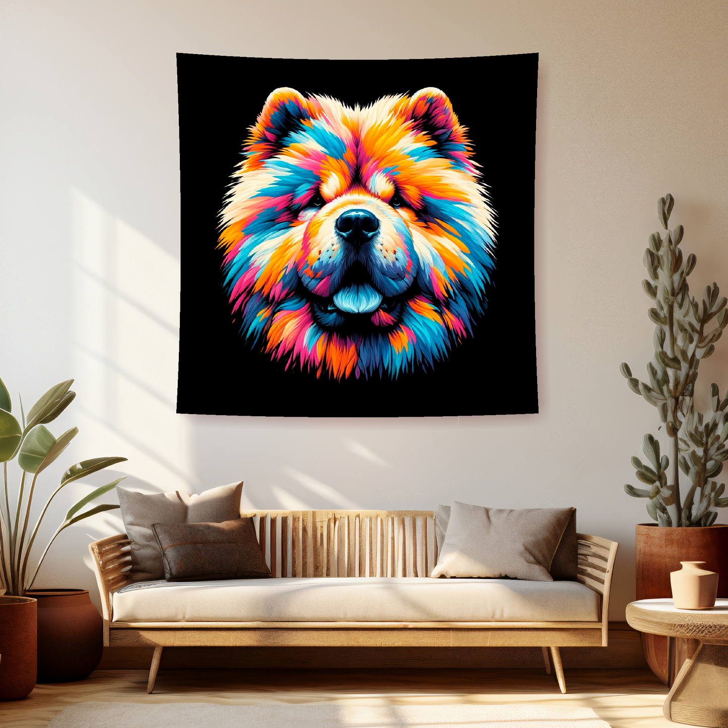 A vibrant 150cm x 150cm large art blanket featuring a colourful portrait of an Chow Chow dog. The design showcases the playful and lively nature of the breed, with an array of bright and bold colours bringing the artwork to life. Perfect for filling large walls, Bed spread or throw, adding a touch of warmth to any room.