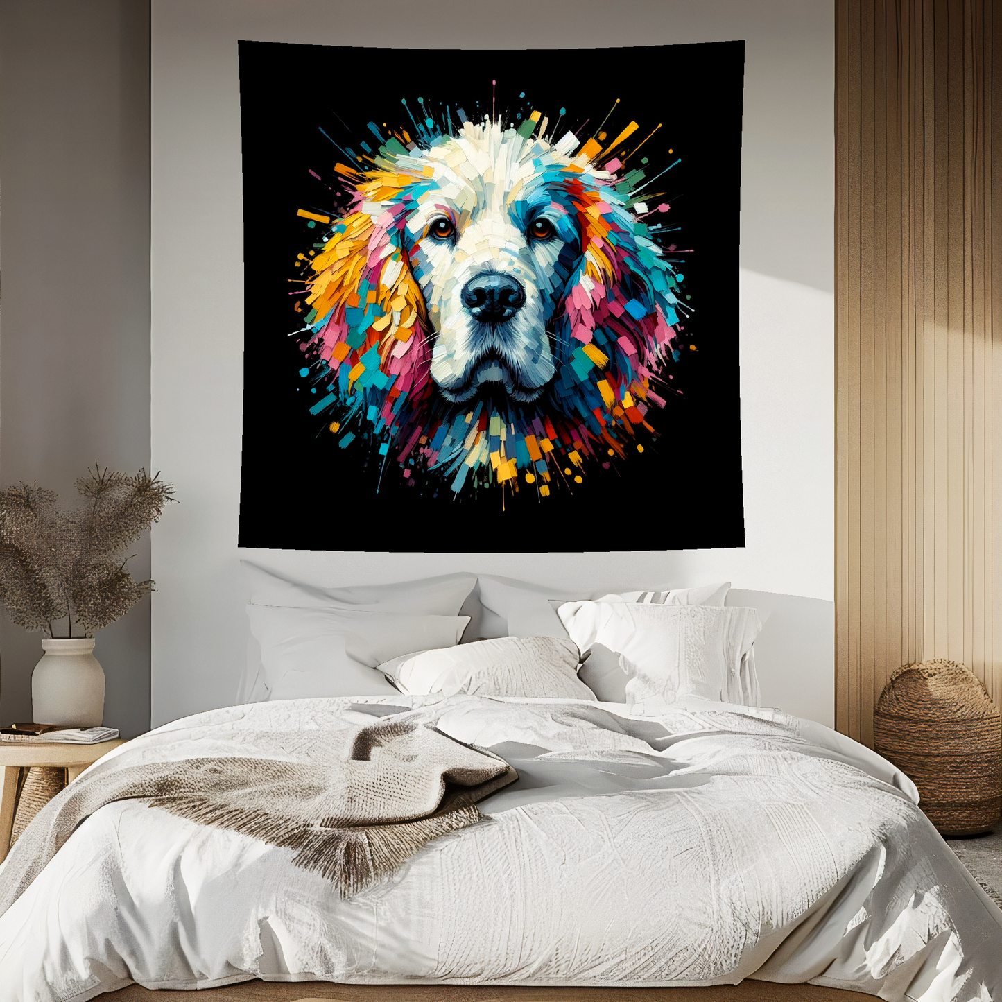 A vibrant 150cm x 150cm large art blanket featuring a colourful portrait of an Clumber Spaniel dog. The design showcases the playful and lively nature of the breed, with an array of bright and bold colours bringing the artwork to life. Perfect for filling large walls, Bed spread or throw. adding a touch of warmth to any room.