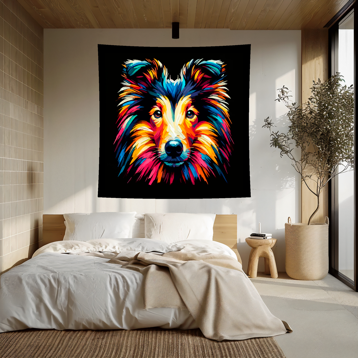 A vibrant 150cm x 150cm large art blanket featuring a colourful portrait of a Collie dog. Perfect for filling large walls.