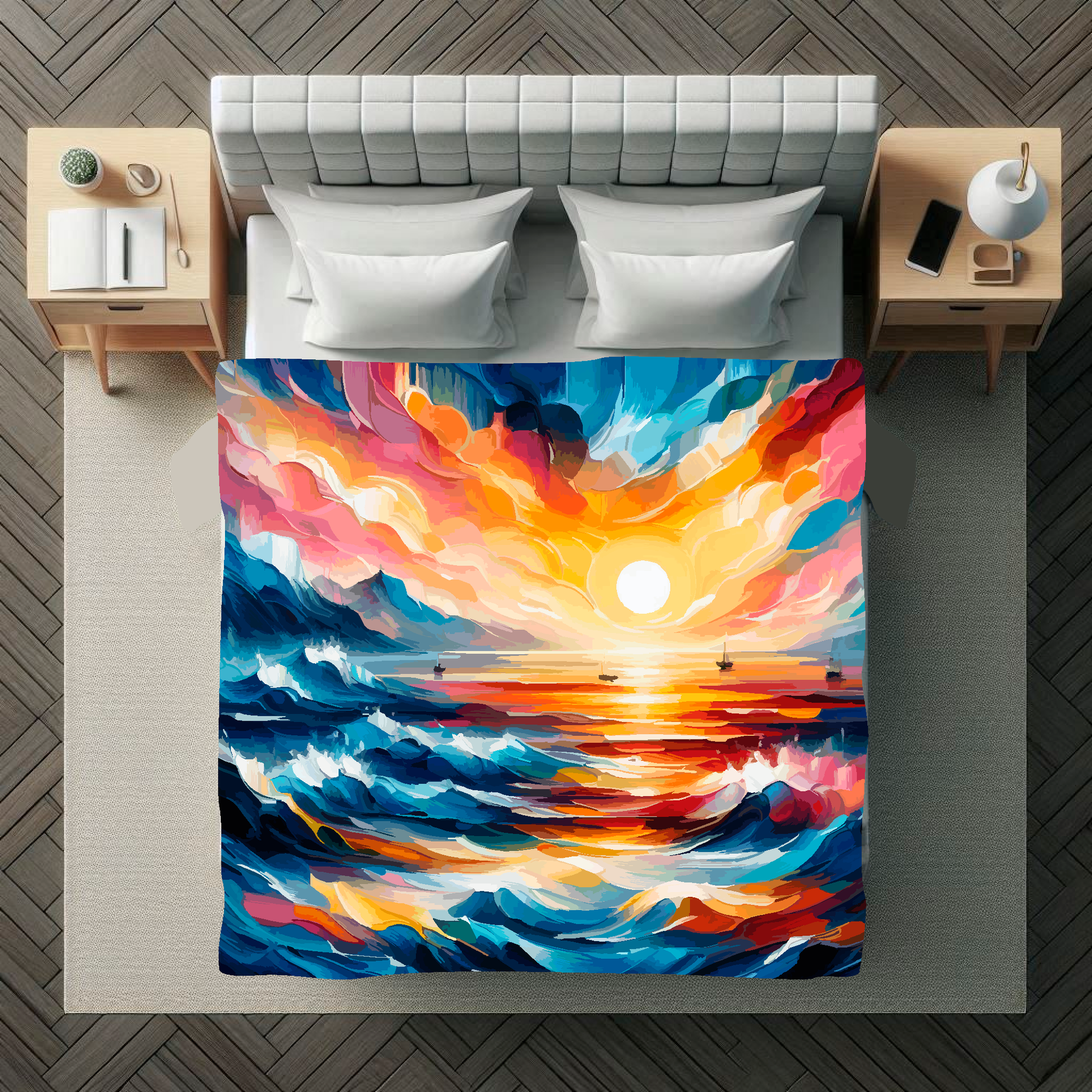 Abstract art blanket featuring a wild colourful sea. 1.5 metres by 1.5 metres, perfect for adding a touch of elegance and tranquillity to any big wall space.