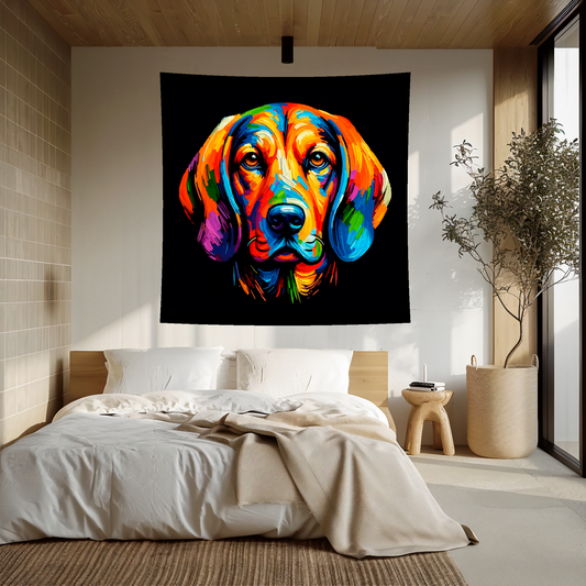 A 1.5m x 1.5m large art blanket hangs on a bedroom wall, featuring a colourful head portrait of a Coonhound dog. Black background.