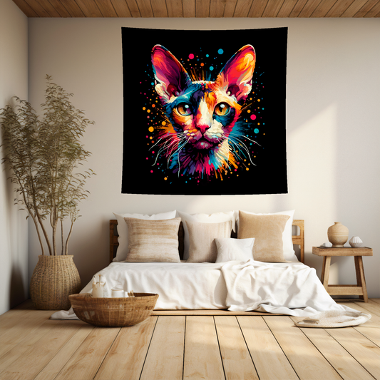 A vibrant 150cm x 150cm large art blanket featuring a colourful portrait of an Cornish Rex cat. Black background.