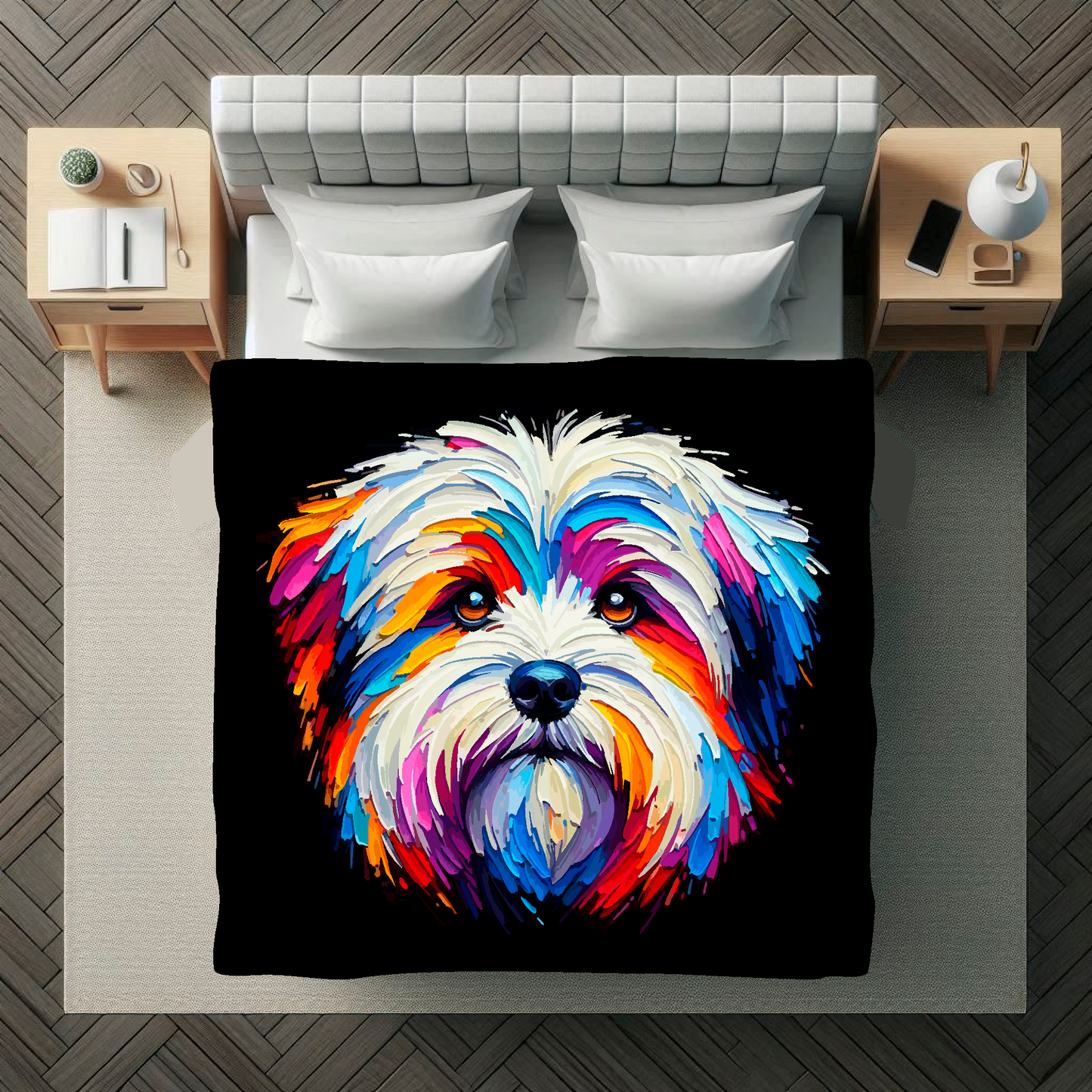 A vibrant 150cm x 150cm large art blanket featuring a colourful portrait of a Coton de Tulear dog. Perfect for filling large walls.