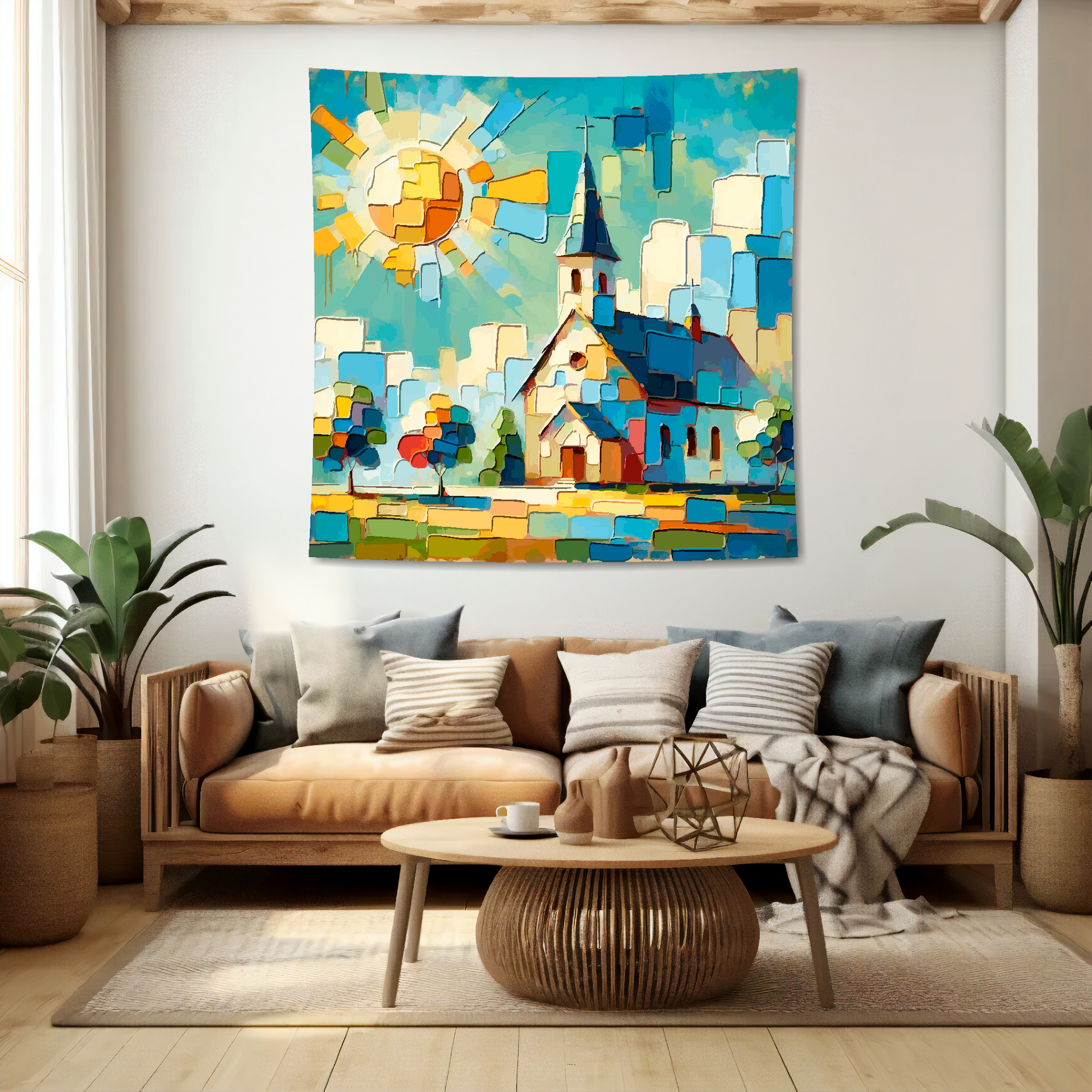 Abstract art blanket featuring a colourful church landscape scene. 1.5 metres by 1.5 metres, perfect for adding a touch of elegance and tranquillity to any big wall space.