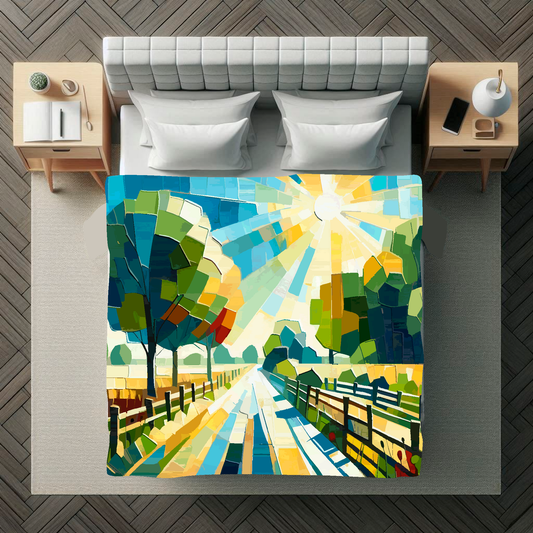 Abstract art blanket featuring a captivating sunny driveway scene. 1.5 metres by 1.5 metres, perfect for adding a touch of elegance and tranquillity to any big wall space.