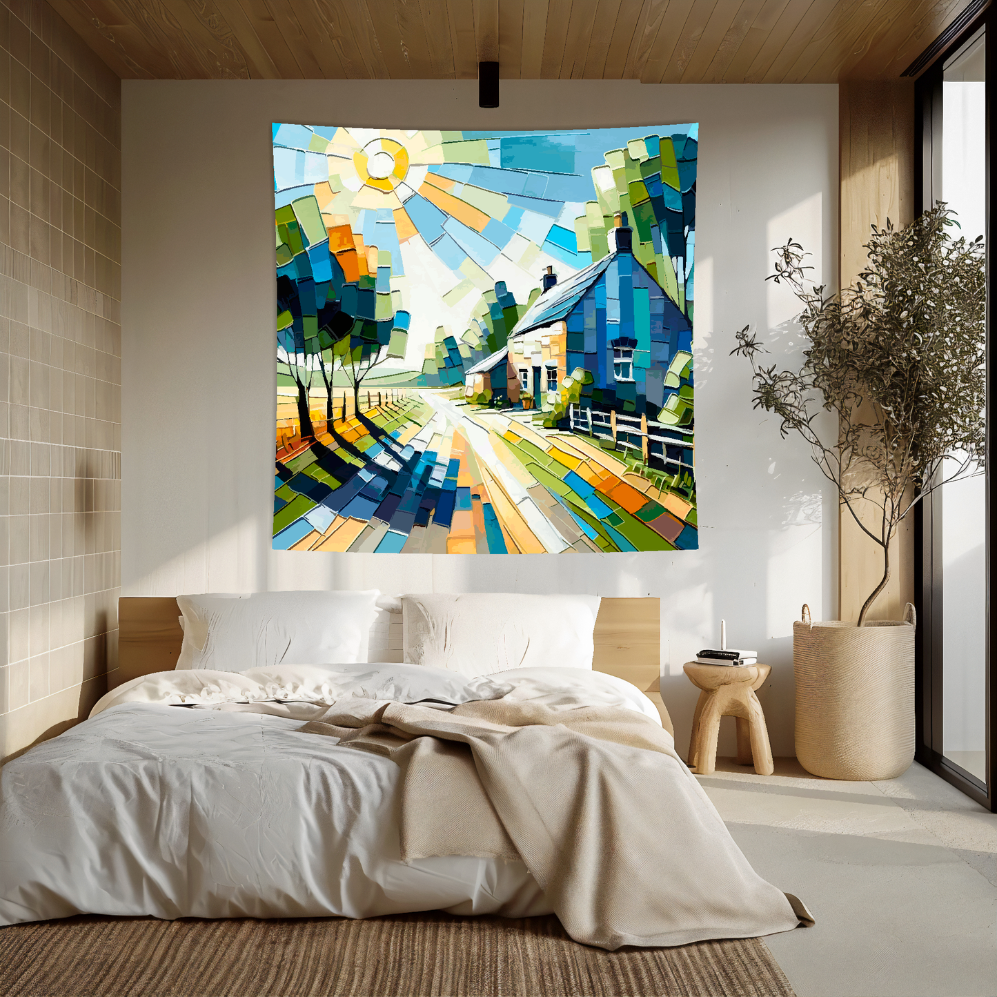 Abstract art blanket featuring a captivating country road landscape scene. 1.5 metres by 1.5 metres, perfect for adding a touch of elegance and tranquillity to any big wall space.