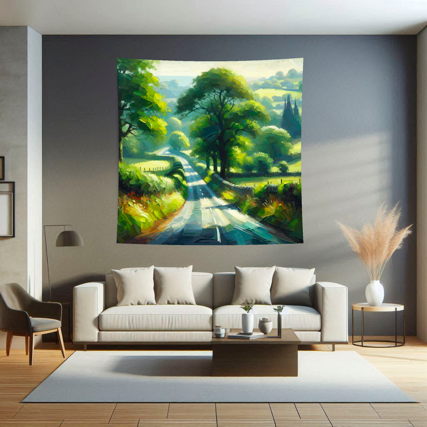 Abstract art blanket featuring a captivating country road scene. 1.5 metres by 1.5 metres, perfect for adding a touch of elegance and tranquillity to any big wall space.