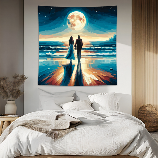 Abstract art blanket featuring a couple holding hands on a moon lit beach. 1.5 metres by 1.5 metres, perfect for adding a touch of elegance and tranquillity to any big wall space.