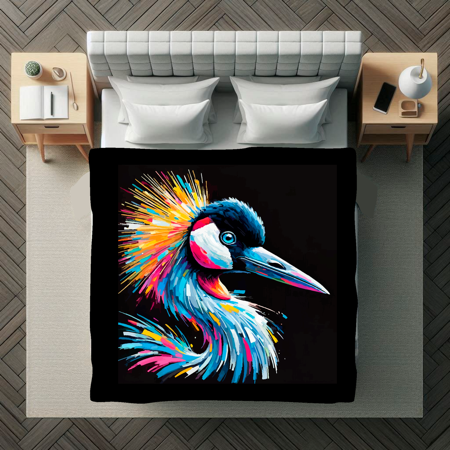 Large art blanket featuring a detailed and colourful bird portrait of a Crane. Measuring 1.5 metres by 1.5 metres, perfect for adding natural beauty and elegance to any big wall space.