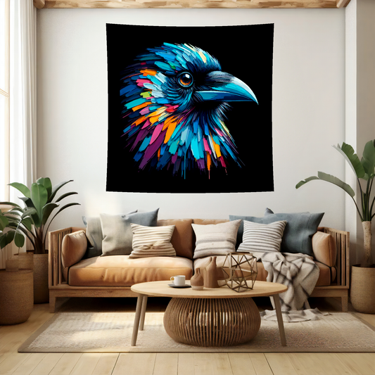 Large art blanket featuring a detailed and colourful bird portrait of a Crow. Measuring 1.5 metres by 1.5 metres, perfect for adding natural beauty and elegance to any big wall space.