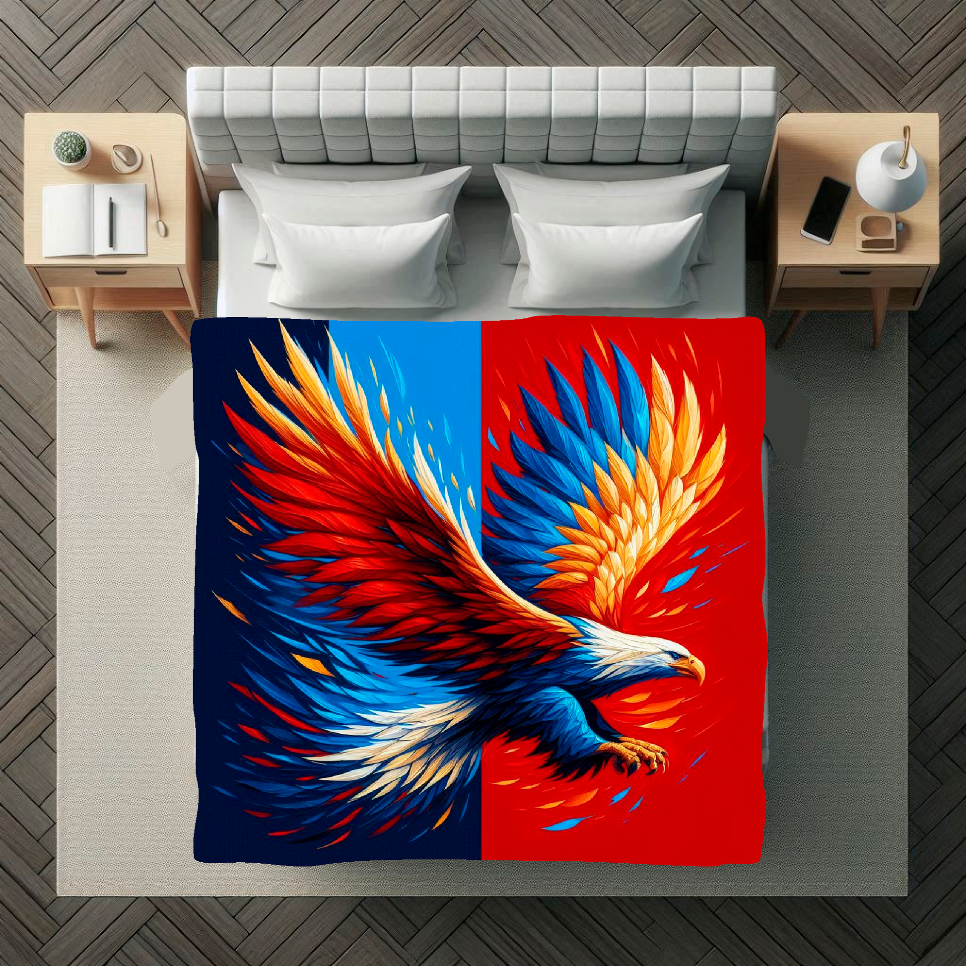 A vibrant 150cm x 150cm large art blanket featuring a colourful themed design inspired by Crystal Palace football team. Perfect for football fans to add a touch of team pride and warmth to their home.