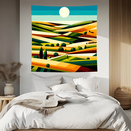 Cubism art blanket featuring a captivating sunny Landscape scene. 1.5 metres by 1.5 metres, perfect for adding a touch of elegance and tranquillity to any big wall space.