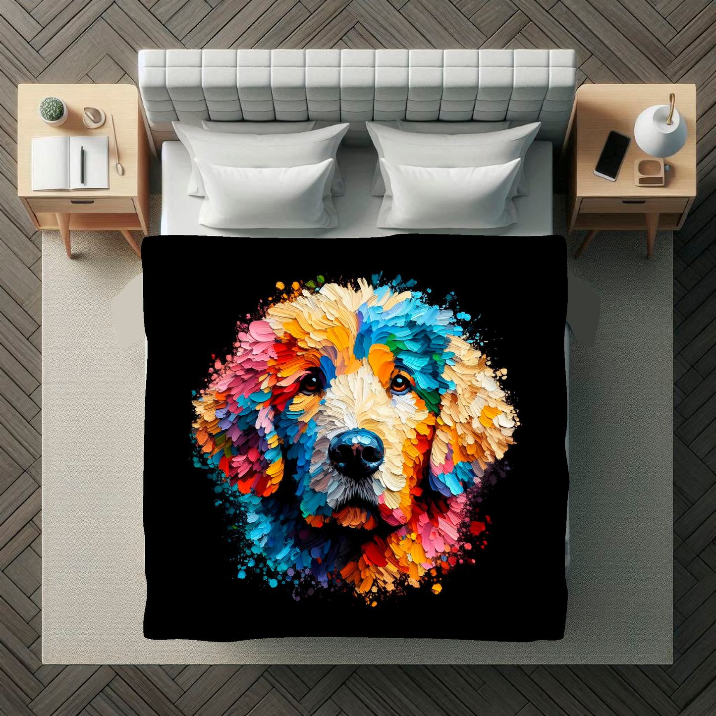 A vibrant 150cm x 150cm large art blanket featuring a colourful portrait of an Curly Coated Retriever dog. The design showcases the playful and lively nature of the breed, with an array of bright and bold colours bringing the artwork to life. Perfect for filling large walls, Bed spread or throw. adding a touch of warmth to any room.