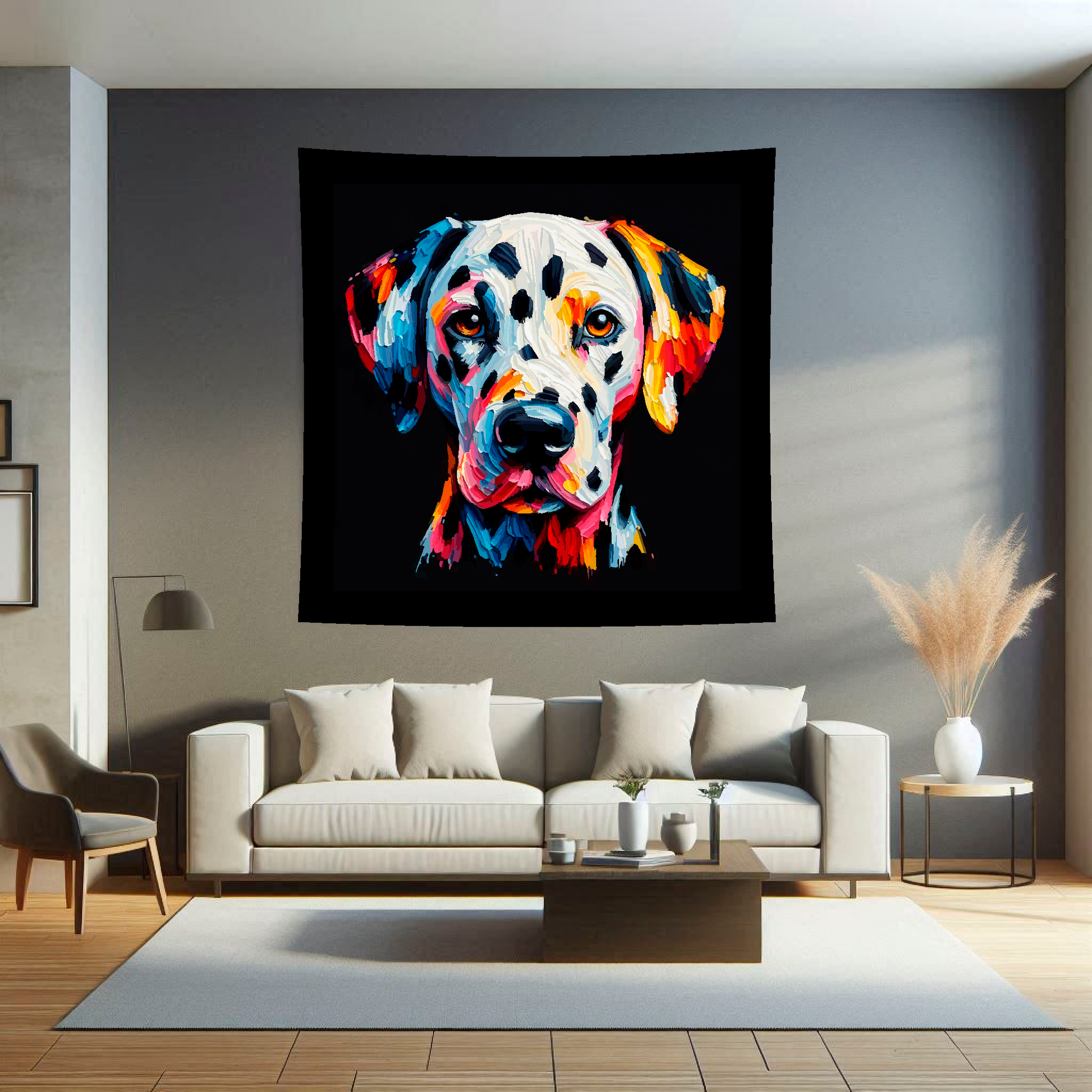 A vibrant 150cm x 150cm large art blanket featuring a colourful portrait of a Dalmatian dog. Perfect for filling large walls.