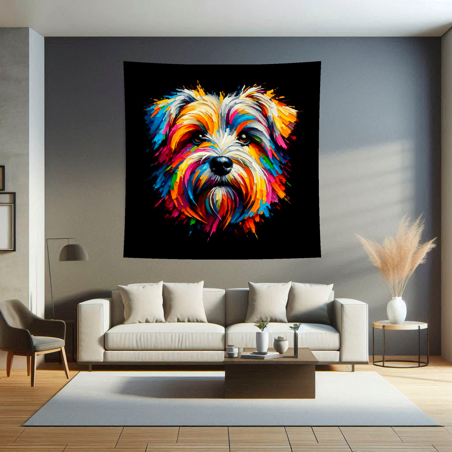 A vibrant 150cm x 150cm large art blanket featuring a colourful portrait of a Dandie Dinmont Terrier. The design showcases the playful and lively nature of the breed, with an array of bright and bold colours bringing the artwork to life. Perfect for filling large walls, Bed spread or throw, adding a touch of warmth to any room.