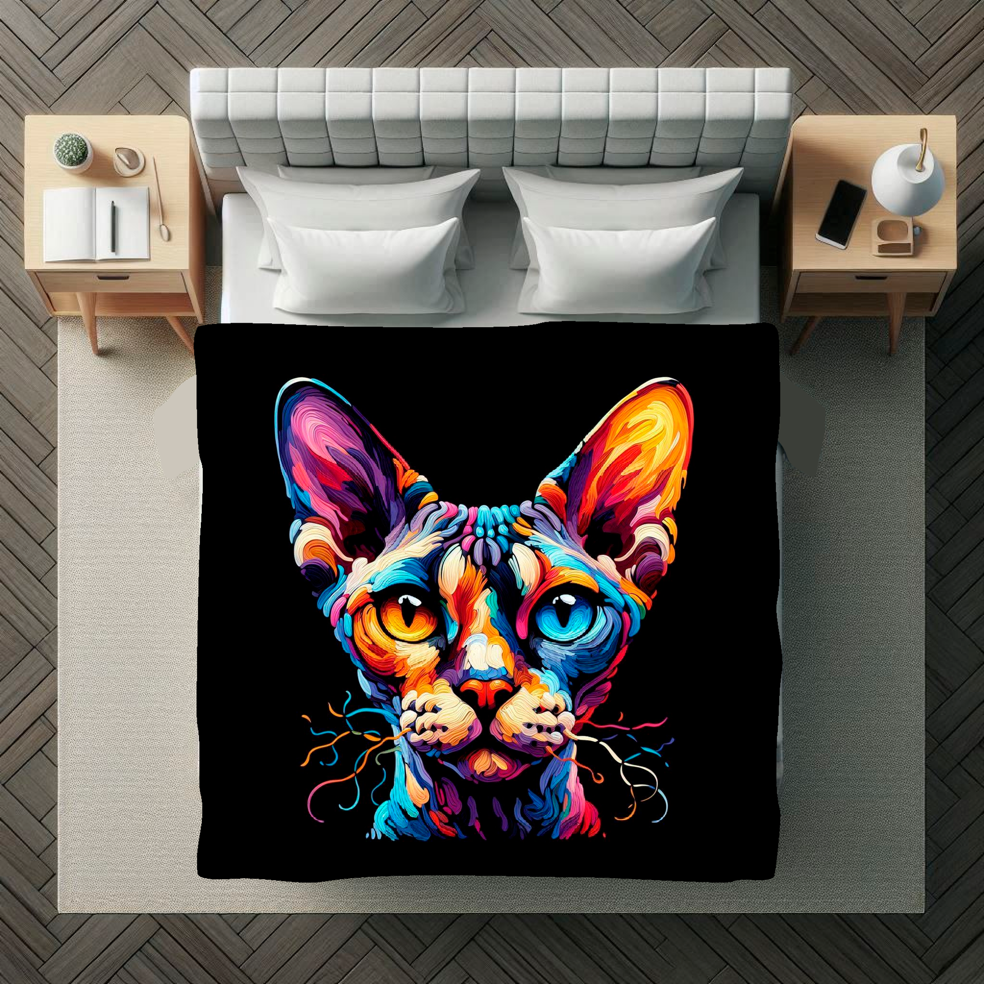 A vibrant 150cm x 150cm large art blanket featuring a colourful portrait of a Devon Rex cat. The design captures the cat's distinctive Markings and playful expression, brought to life with a palette of bright and bold colours. Perfect for adding a touch of feline charm and warmth to any space.