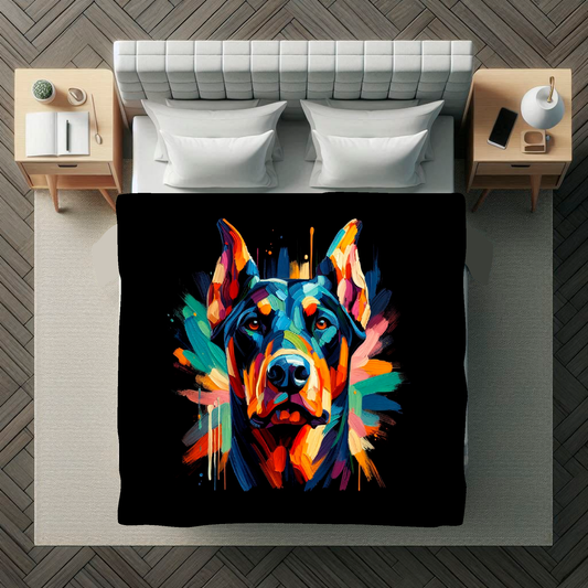 A vibrant 150cm x 150cm large art blanket featuring a colourful portrait of a Doberman Pinscher dog. The design showcases the playful and lively nature of the breed, with an array of bright and bold colours bringing the artwork to life. Perfect for filling large walls, Bed spread or throw, adding a touch of warmth to any room.