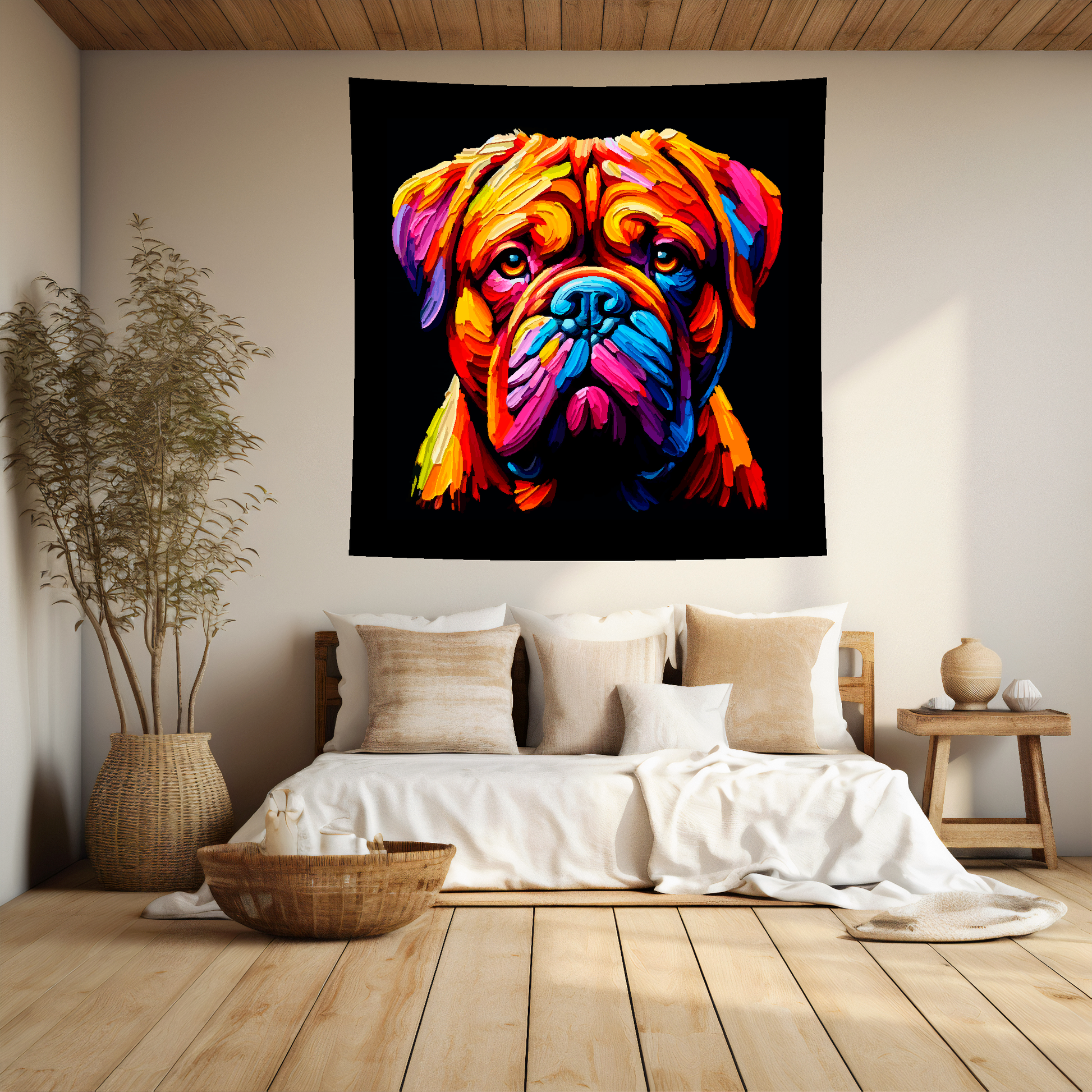 A vibrant 150cm x 150cm large art blanket featuring a colourful portrait of a Dogue de Bordeaux . Perfect for filling large walls.