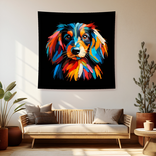 A vibrant 150cm x 150cm large art blanket featuring a colourful portrait of a Dachshund dog. The design showcases the playful and lively nature of the breed, with an array of bright and bold colours bringing the artwork to life. Perfect for filling large walls, Bed spread or throw, adding a touch of warmth to any room.