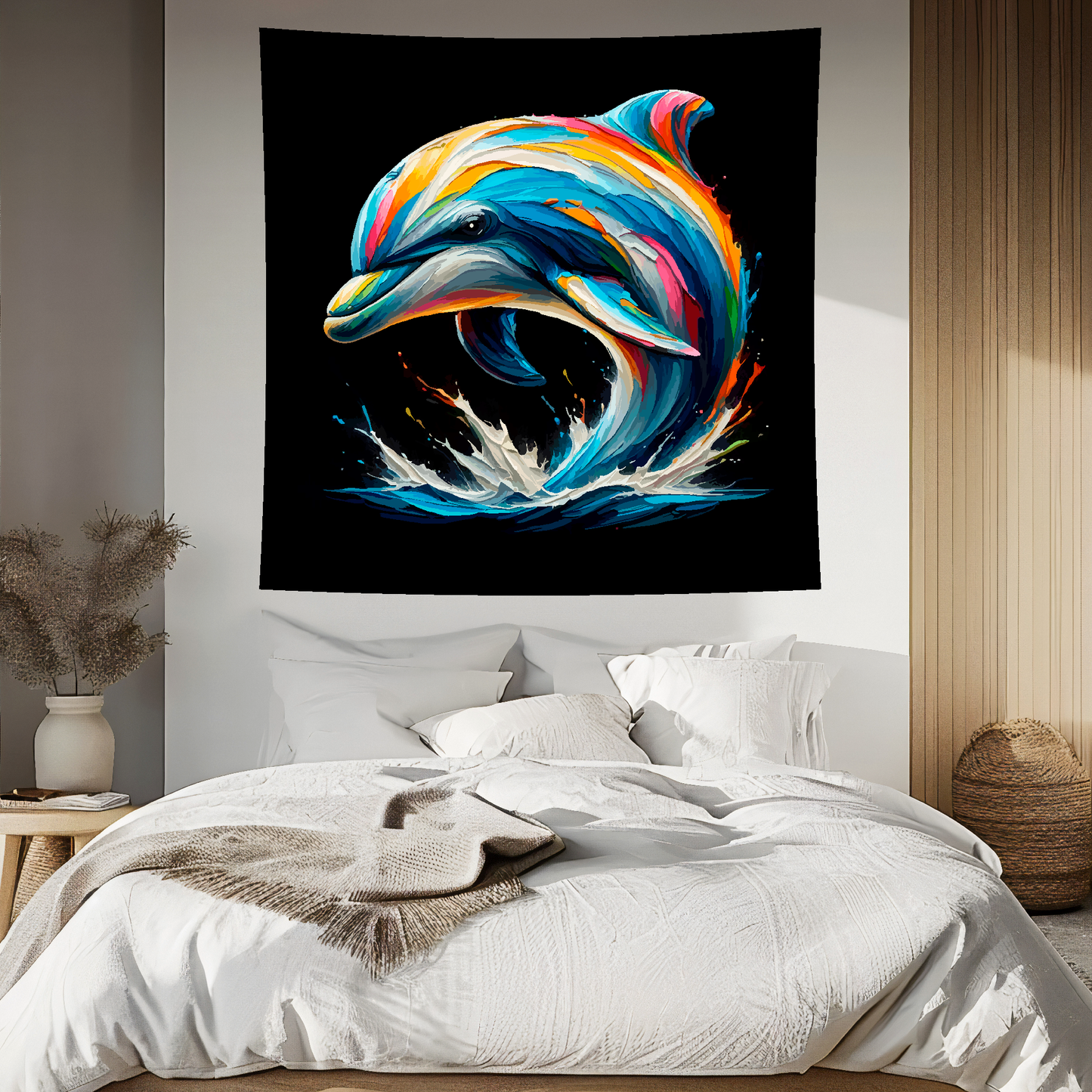 Abstract art blanket featuring a colourful Dolphin. 1.5 metres by 1.5 metres, perfect for adding a touch of elegance and tranquillity to any big wall space.