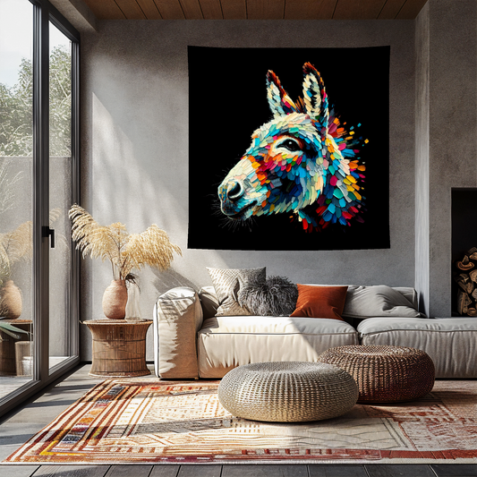 Large art blanket featuring a detailed and colourful portrait of a Donkey. Measuring 1.5 metres by 1.5 metres, this blanket is perfect for adding a touch of natural wildlife beauty to any big wall space.