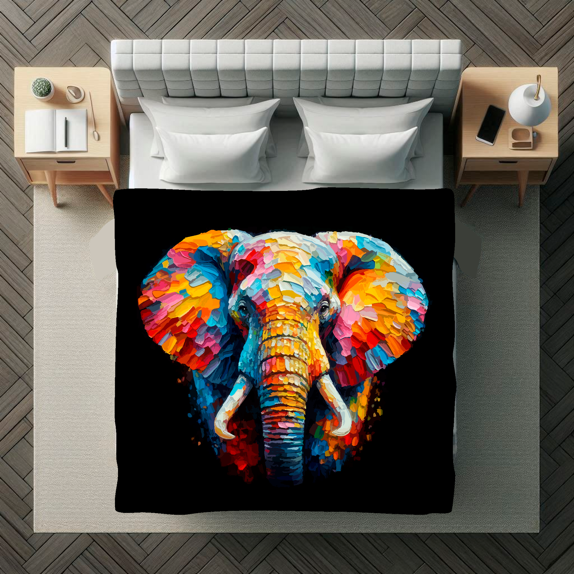 Large art blanket featuring a detailed and colourful portrait of a Elephant. Measuring 1.5 metres by 1.5 metres, this blanket is perfect for adding a touch of natural wildlife beauty to any big wall space.