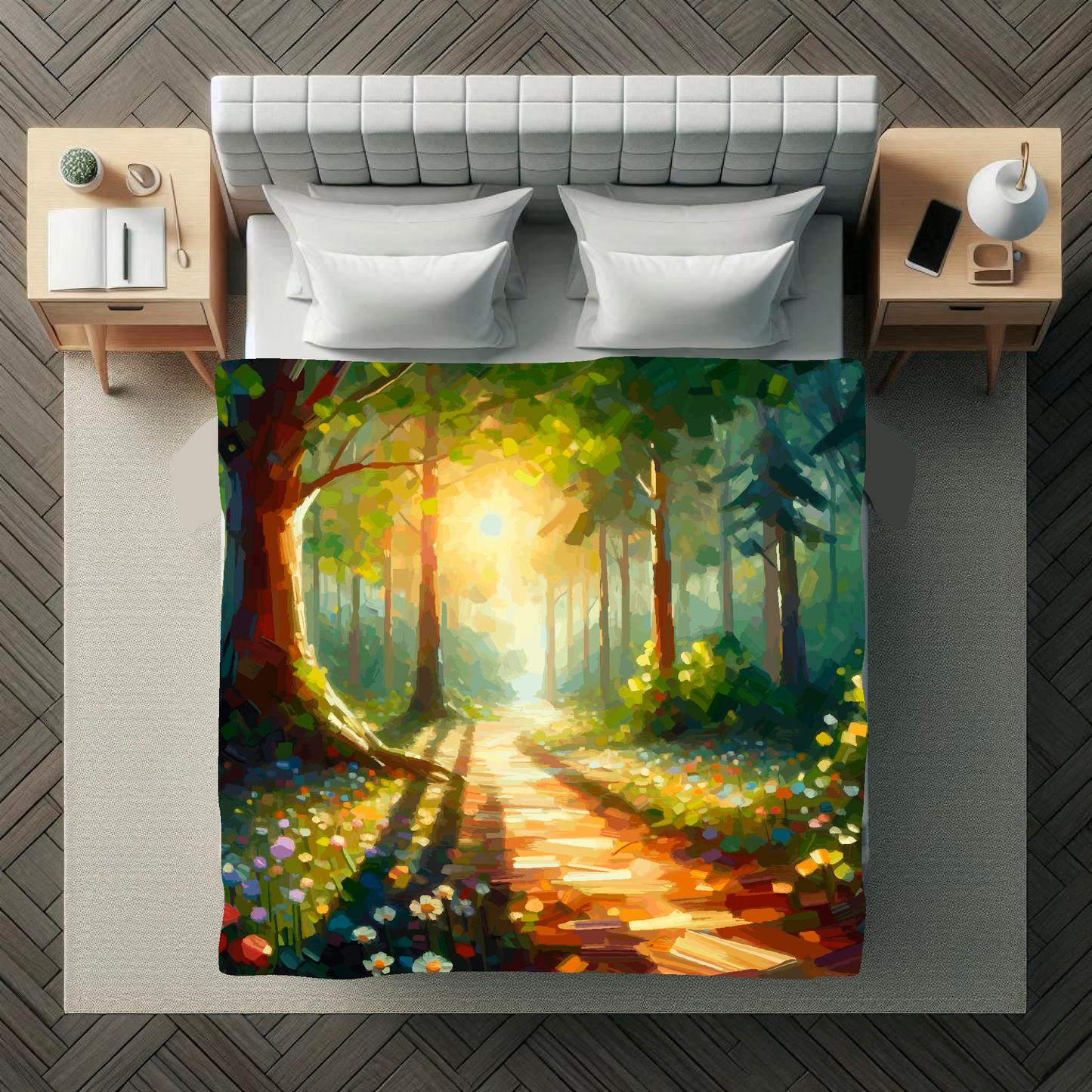 Abstract art blanket featuring a captivating enchanted forest scene. 1.5 metres by 1.5 metres, perfect for adding a touch of elegance and tranquillity to any big wall space.