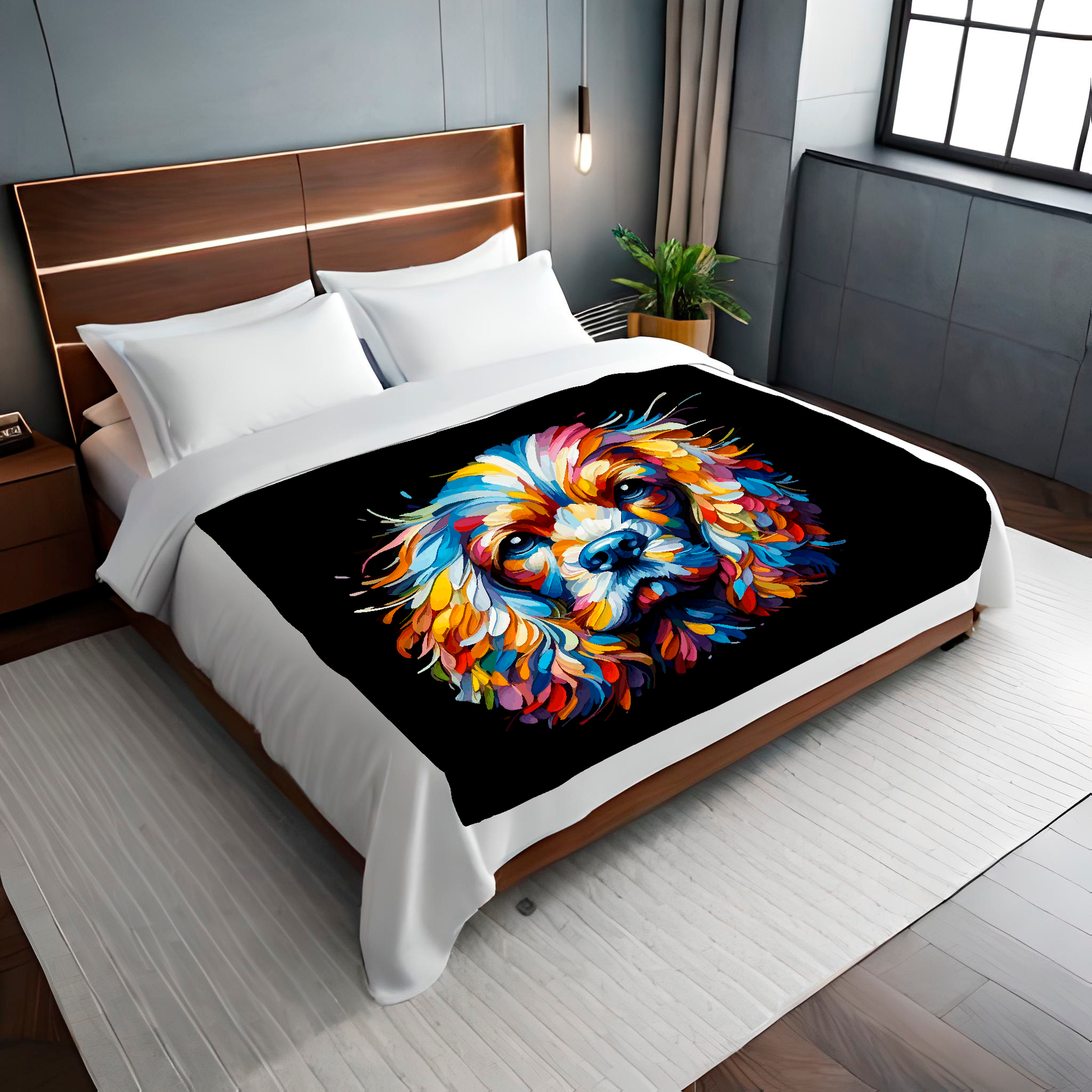 A vibrant 150cm x 150cm large art blanket featuring a colourful portrait of a English Cocker Spaniel dog. The design showcases the playful and lively nature of the breed, with an array of bright and bold colours bringing the artwork to life. Perfect for filling large walls, Bed spread or throw, adding a touch of warmth to any room.