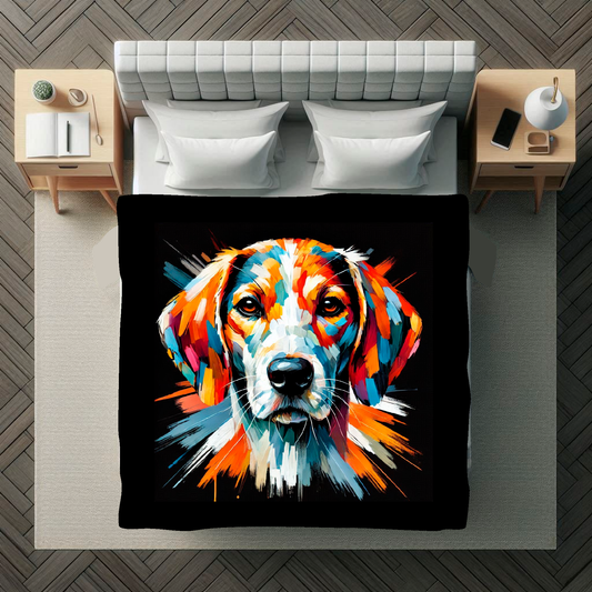 A vibrant 150cm x 150cm large art blanket featuring a colourful portrait of an English Foxhound dog. The design showcases the playful and lively nature of the breed, with an array of bright and bold colours bringing the artwork to life. Perfect for filling large walls, Bed spread or throw. adding a touch of warmth to any room.