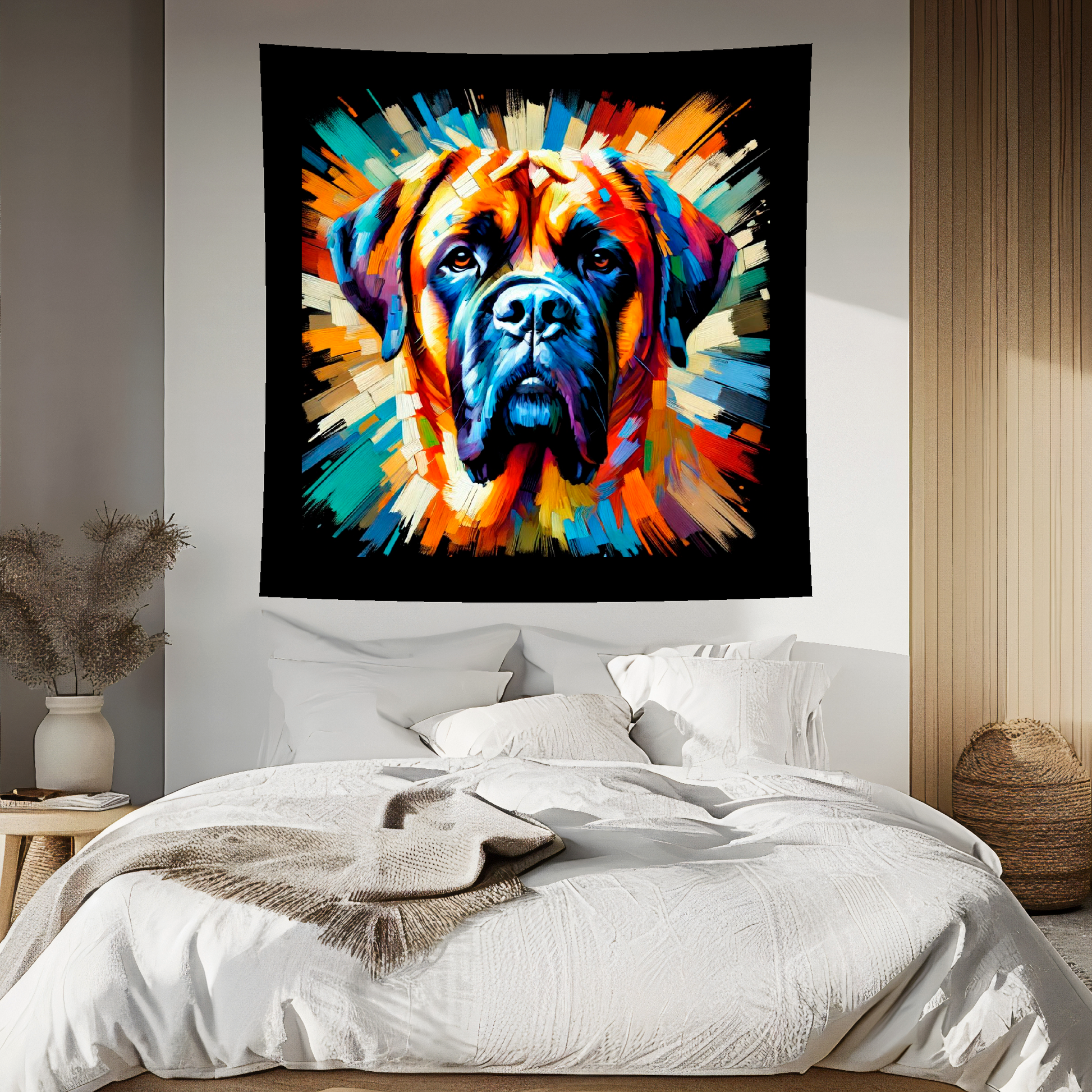 A vibrant 150cm x 150cm large art blanket featuring a colourful portrait of an English Mastiff dog. Perfect for filling large walls.