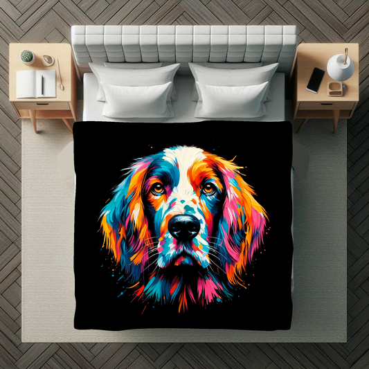 A vibrant 150cm x 150cm large art blanket featuring a colourful portrait of an English Setter dog. The design showcases the playful and lively nature of the breed, with an array of bright and bold colours bringing the artwork to life. Perfect for filling large walls, Bed spread or throw. adding a touch of warmth to any room.