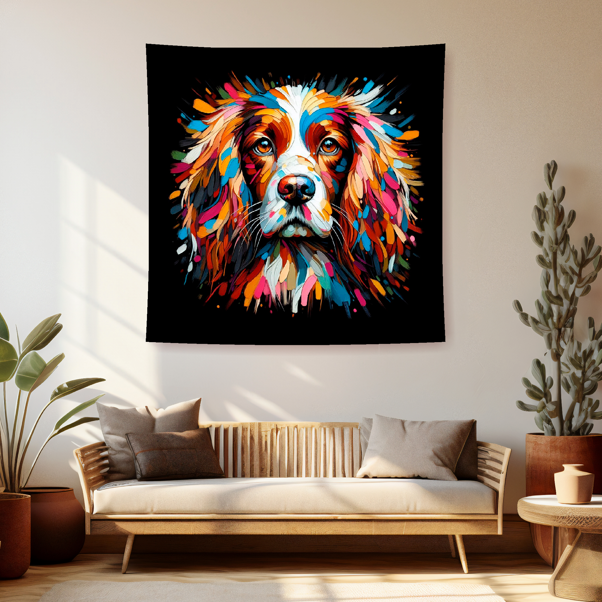 A vibrant 150cm x 150cm large art blanket featuring a colourful portrait of a English Springer Spaniel dog. The design showcases the playful and lively nature of the breed, with an array of bright and bold colours bringing the artwork to life. Perfect for filling large walls, Bed spread or throw, adding a touch of warmth to any room.