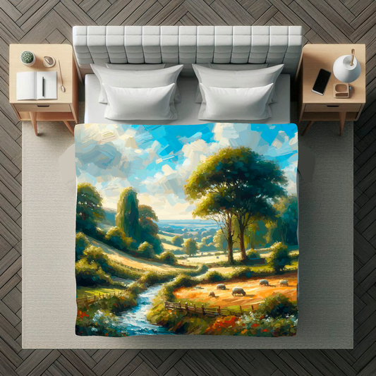 Abstract art blanket featuring a captivating English countryside scene. 1.5 metres by 1.5 metres, perfect for adding a touch of elegance and tranquillity to any big wall space.