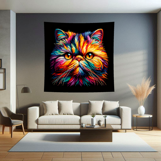 A 1.5m x 1.5m large art blanket hangs on a lounge wall, featuring a colourful head portrait of a Exotic shorthair cat. Black background.