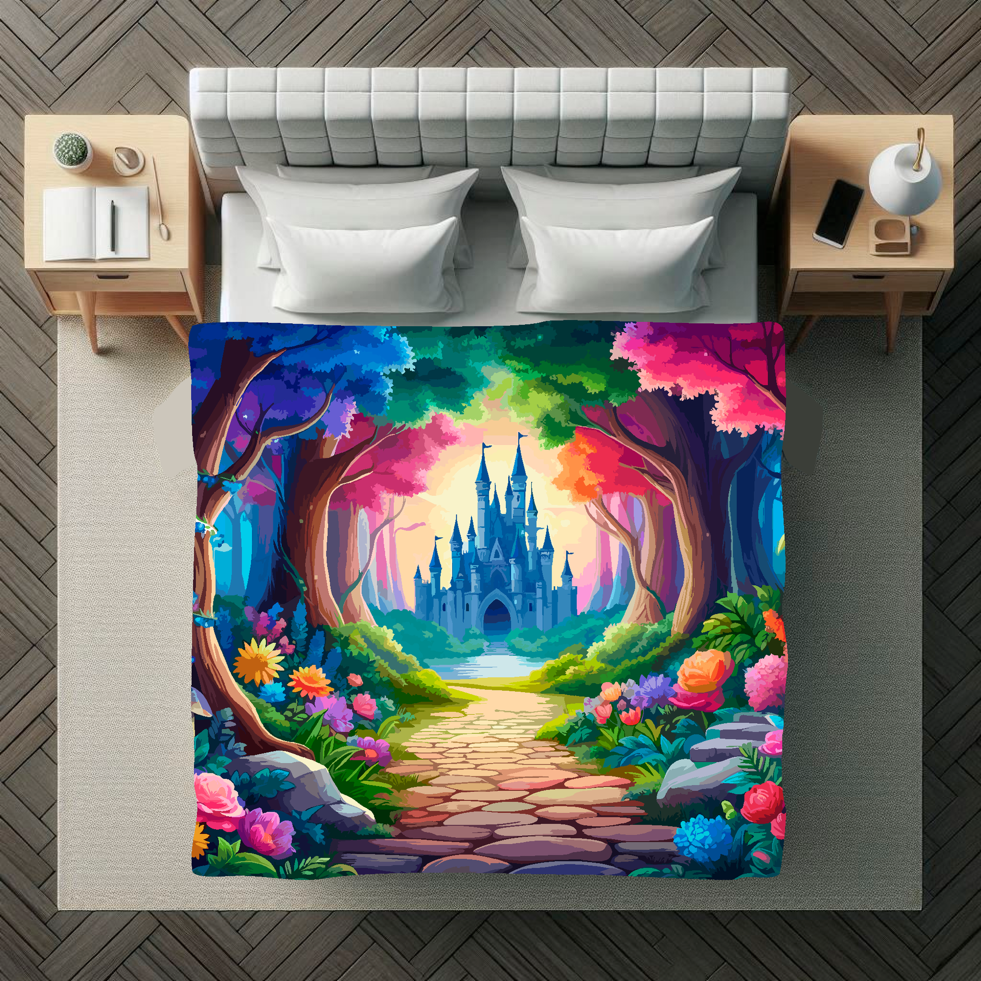 Abstract art blanket featuring a captivating Fairy Tale Castle. 1.5 metres by 1.5 metres, perfect for adding a touch of fantasy and tranquillity to any big wall space.