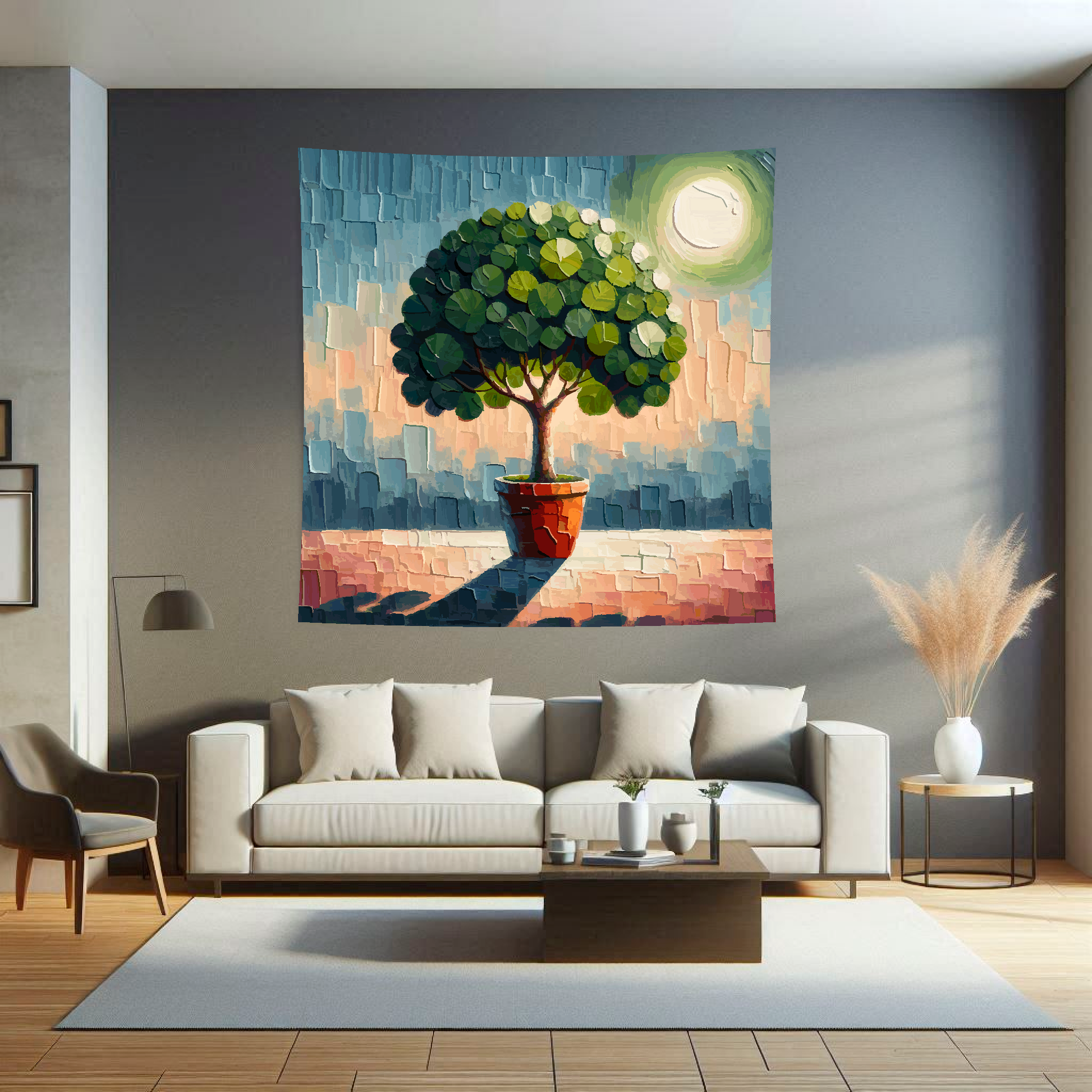 Large Art Blanket featuring a Fig tree in a terracotta pot. 1.5 metres by 1.5 metres, perfect for adding a touch of nature to your home.