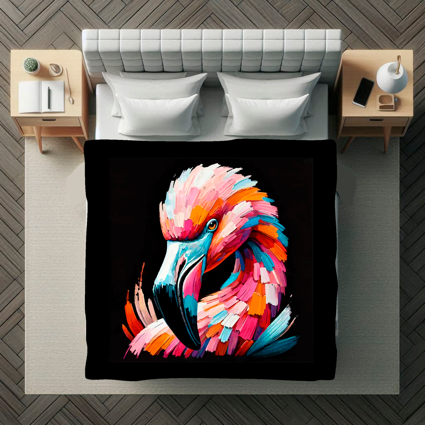 Large art blanket featuring a detailed and colourful bird portrait of a Flamingo. Measuring 1.5 metres by 1.5 metres, perfect for adding natural beauty and elegance to any big wall space.